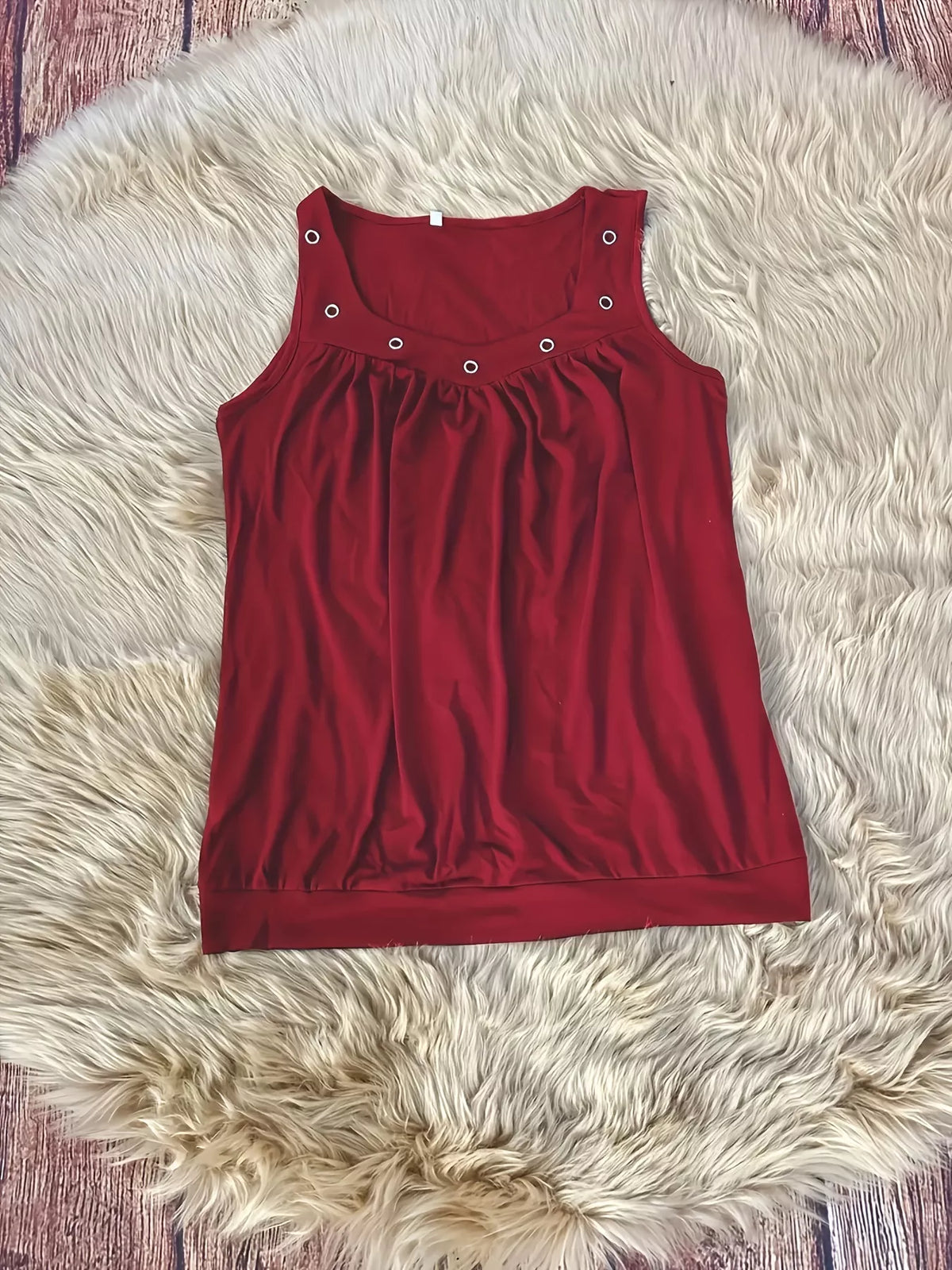 Burgundy eyelet ruched tank detail view