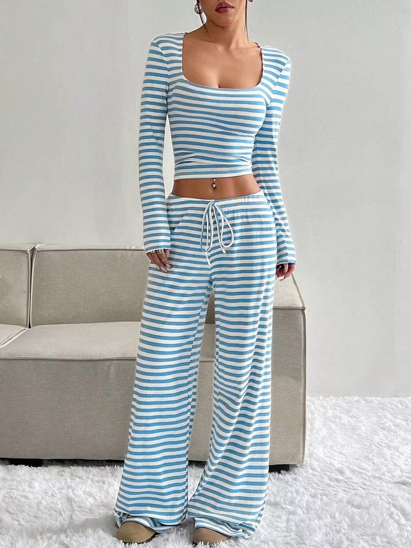 Light blue striped crop top and wide leg pants set front view