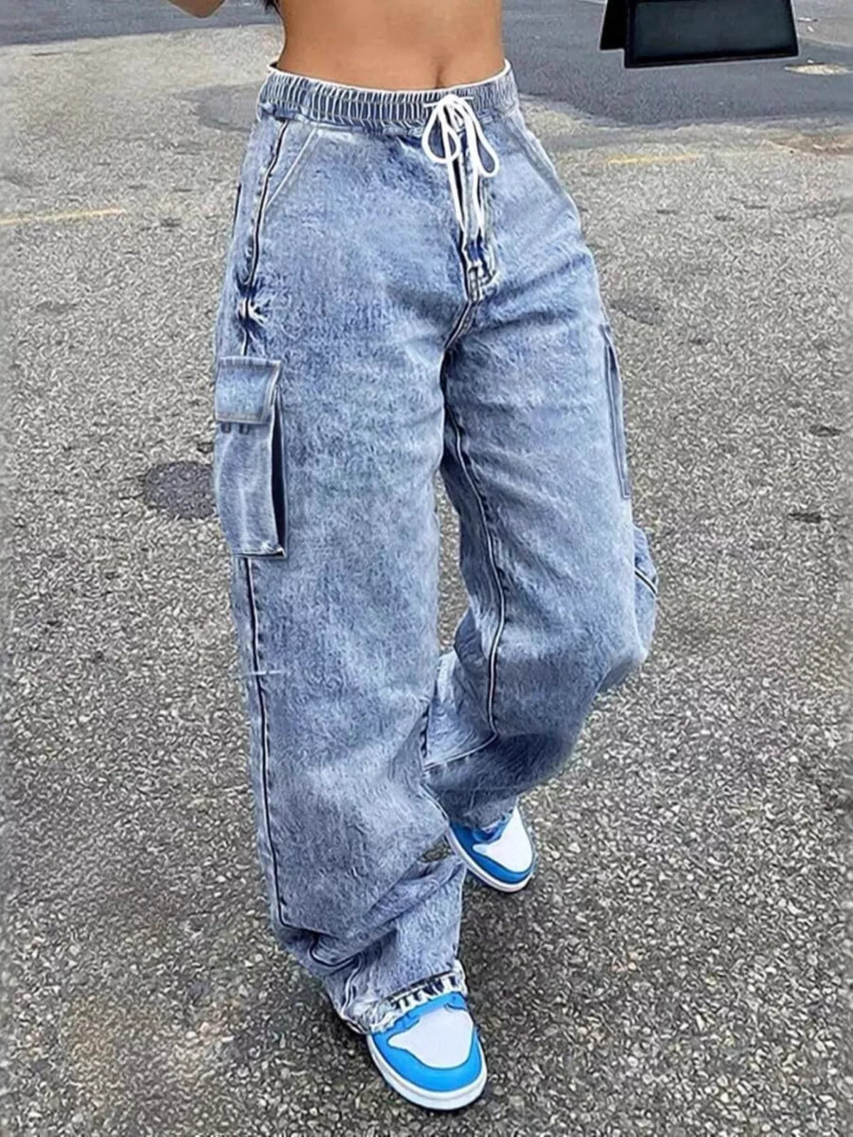 Side view of light wash cargo denim