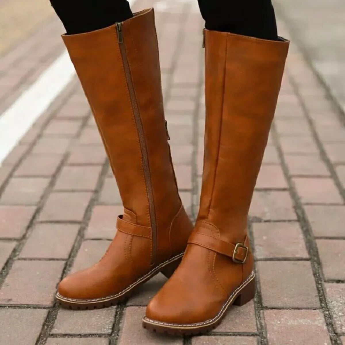 Round Toe Low Block Heel Boots laced detail