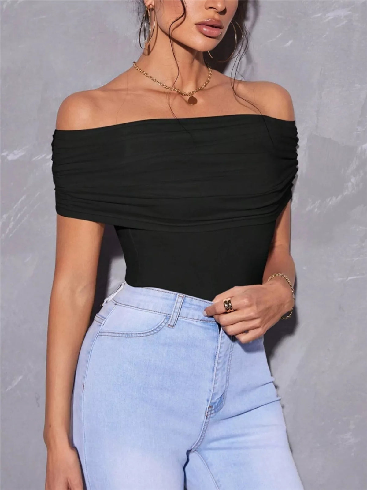 Black off shoulder ruched t shirt front view