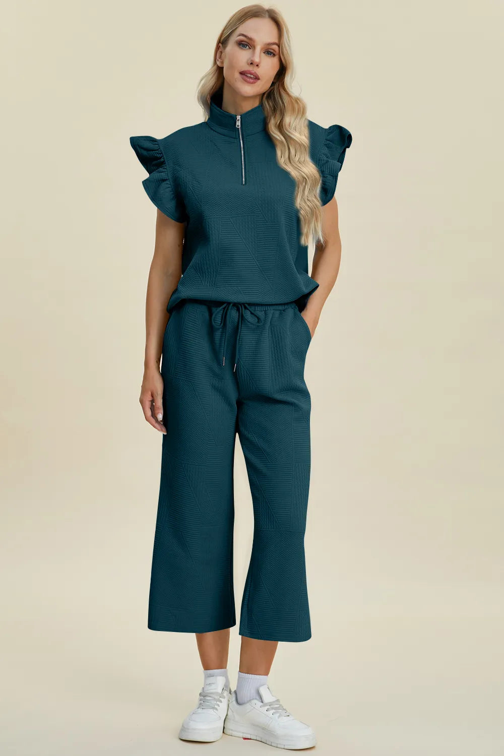 Double Take Full Size Texture Ruffle Short Sleeve Top and Wide Leg Pants Set - Fashorio