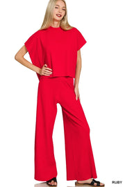 Zenana Viscose Sweater Short Sleeve Top and Pants Set RUBY - Fashorio