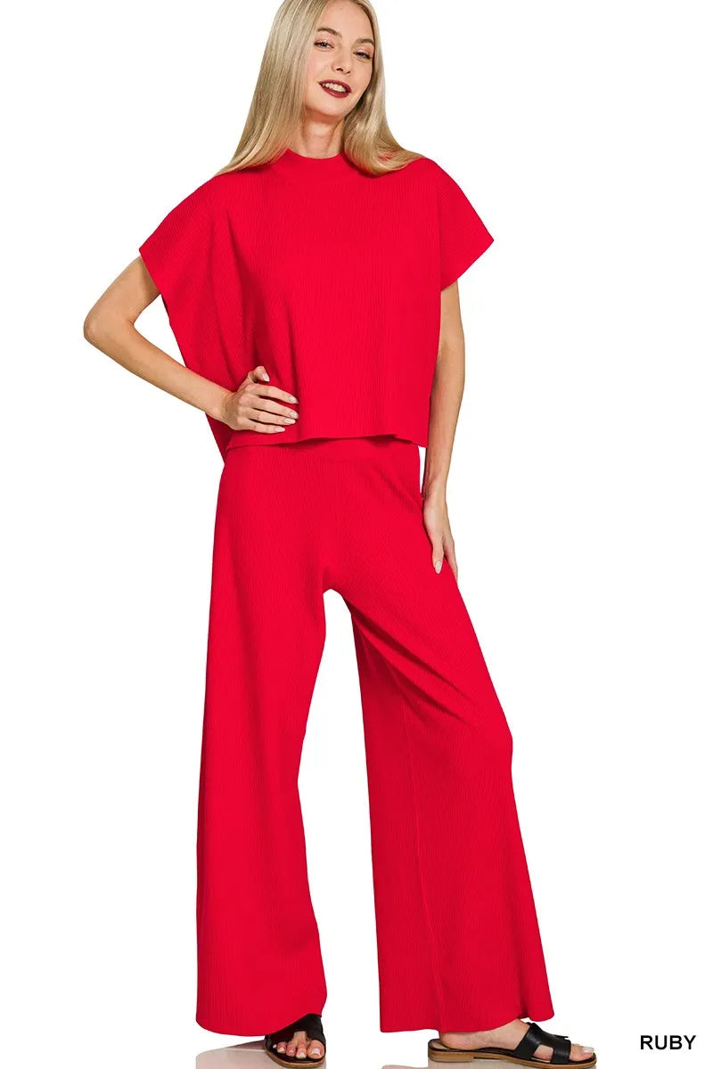 Zenana Viscose Sweater Short Sleeve Top and Pants Set RUBY - Fashorio