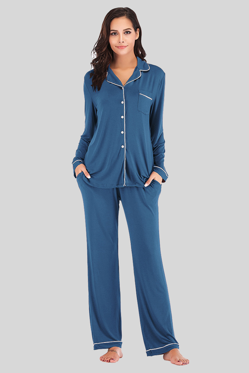 Collared Neck Long Sleeve Loungewear Set with Pockets Peacock Blue - Fashorio
