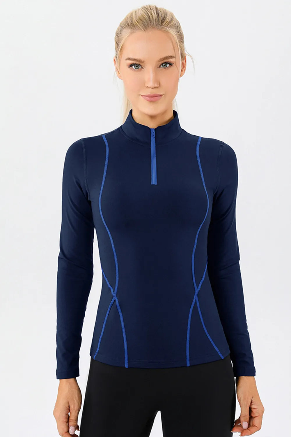 Mock Neck Quarter Zip Active T-Shirt Dark Blue - Fashorio