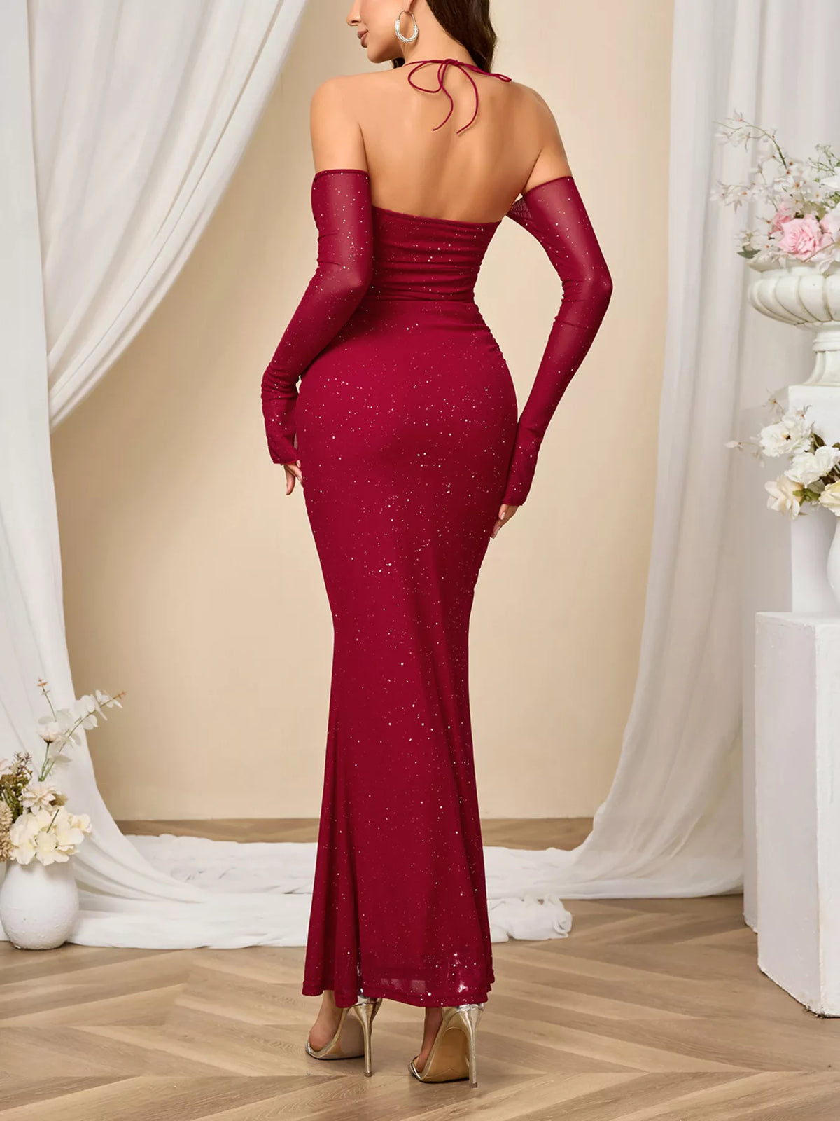 Wine red glitter maxi dress back view