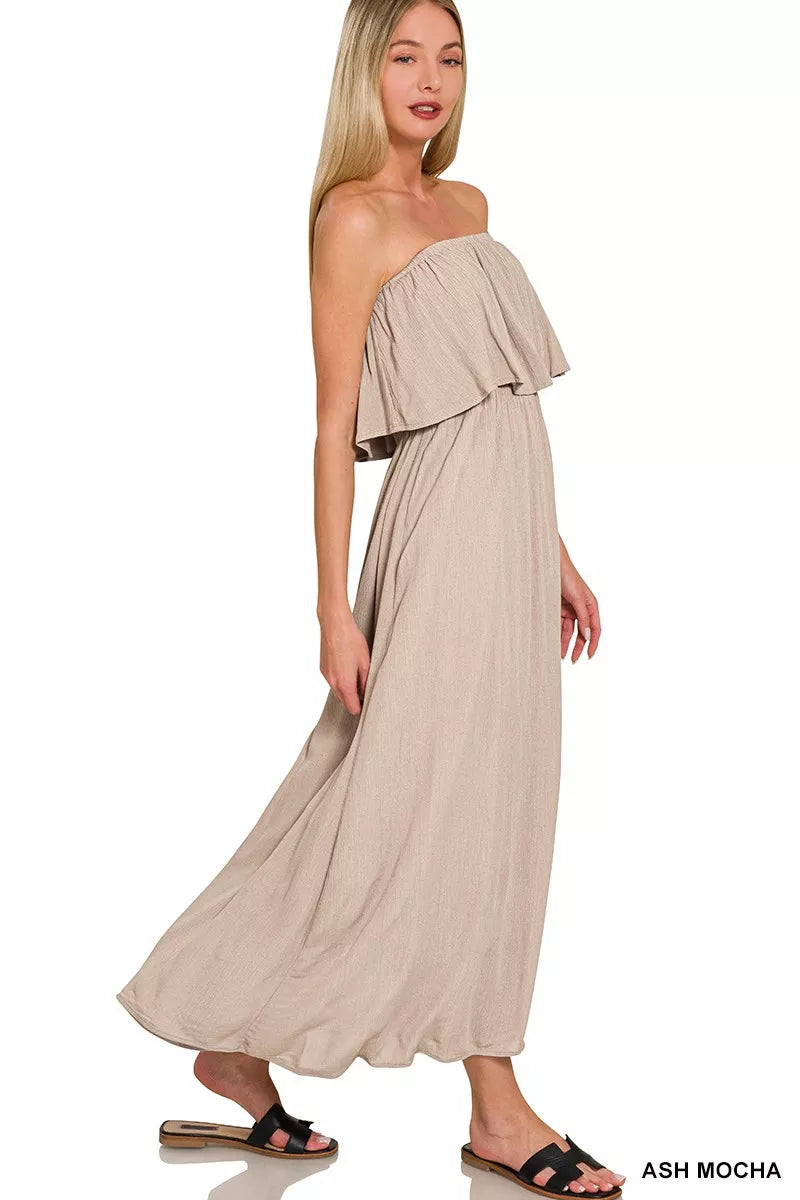 Zenana woven crinkle strapless maxi dress in ash mocha three quarter view