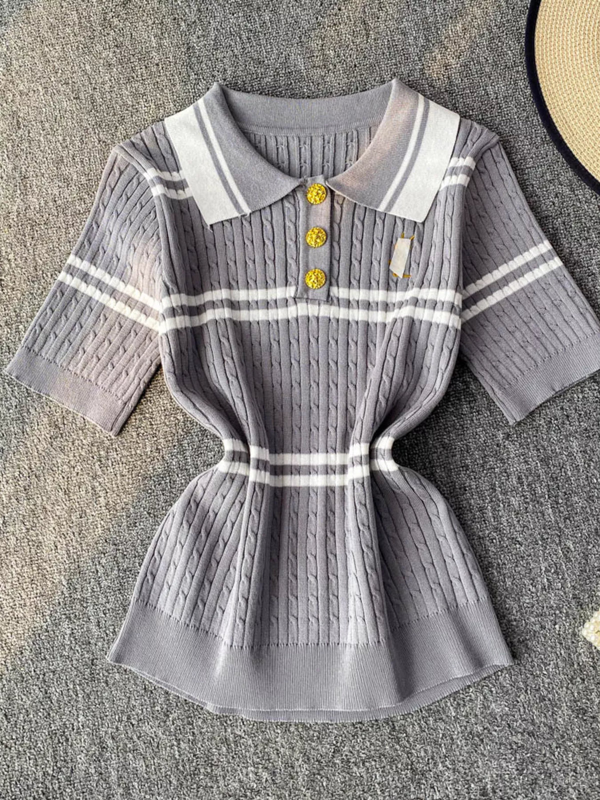 Grey striped knit polo collar top back view