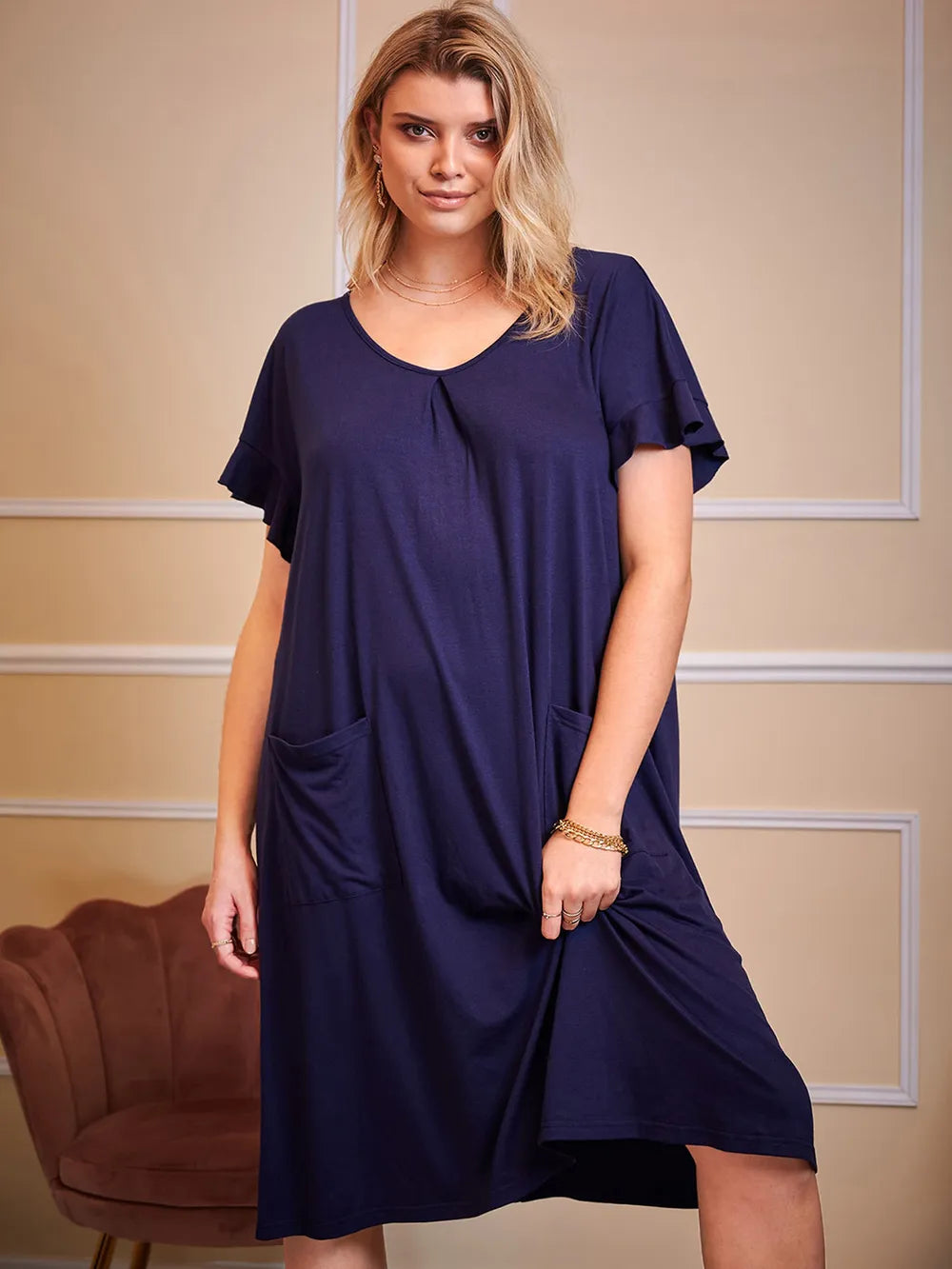 Plus Size Round Neck Short Sleeve Lounge Dress Dark Navy - Fashorio