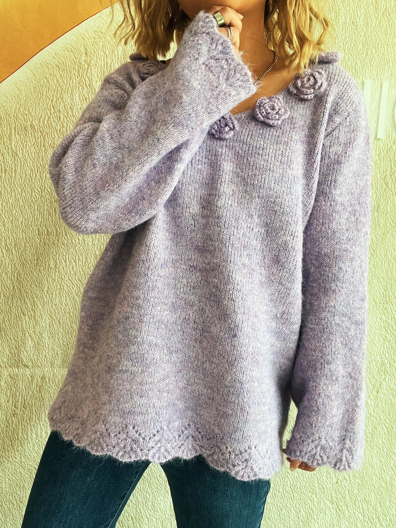 Flower V-Neck Long Sleeve Sweater - Fashorio