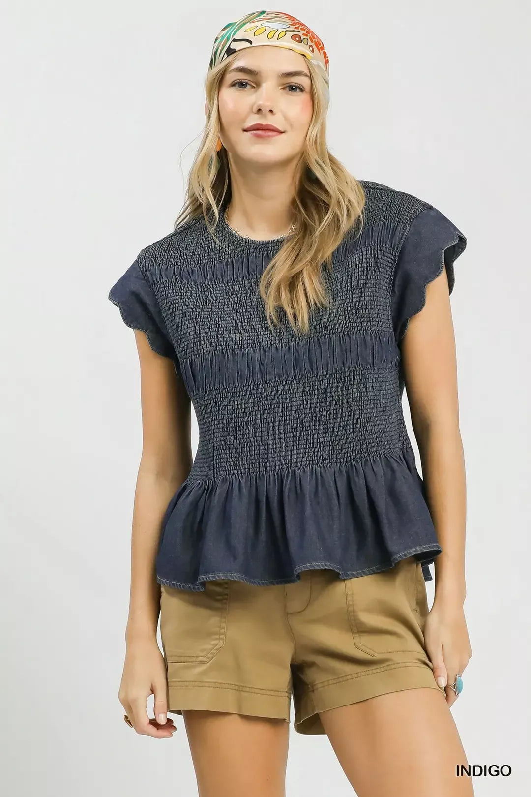 Indigo chambray smocked peplum top front view