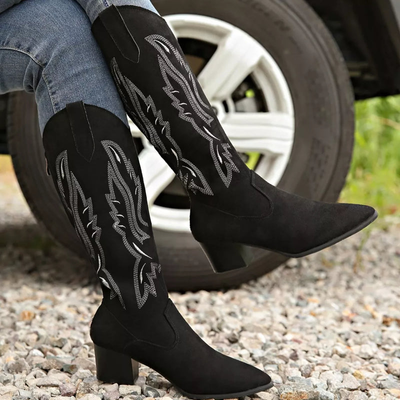 Point toe block heels boots side profile view