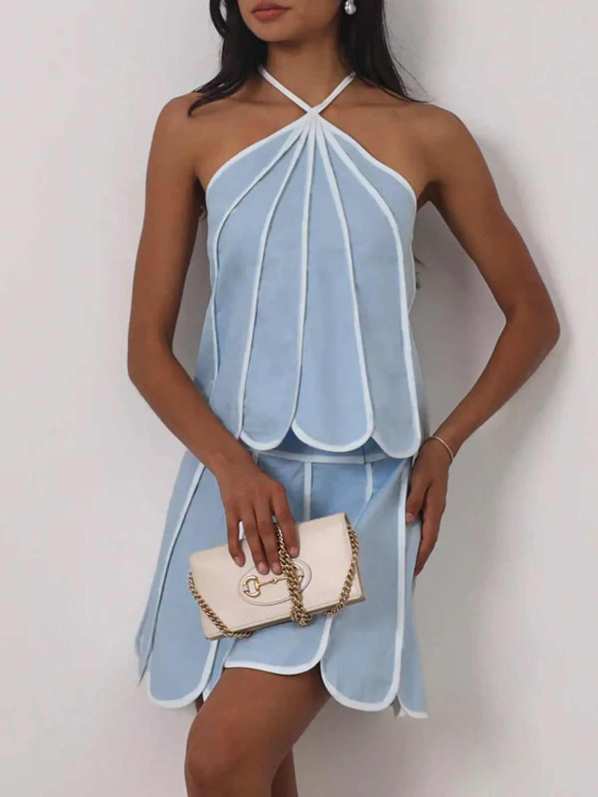 Frill contrast trim halter top detail