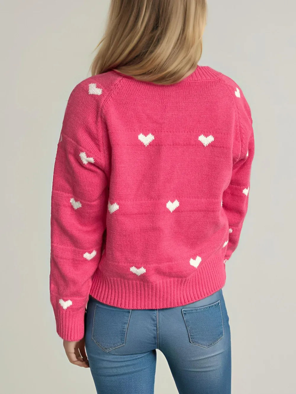 Heart Round Neck Zip Up Cardigan - Fashorio