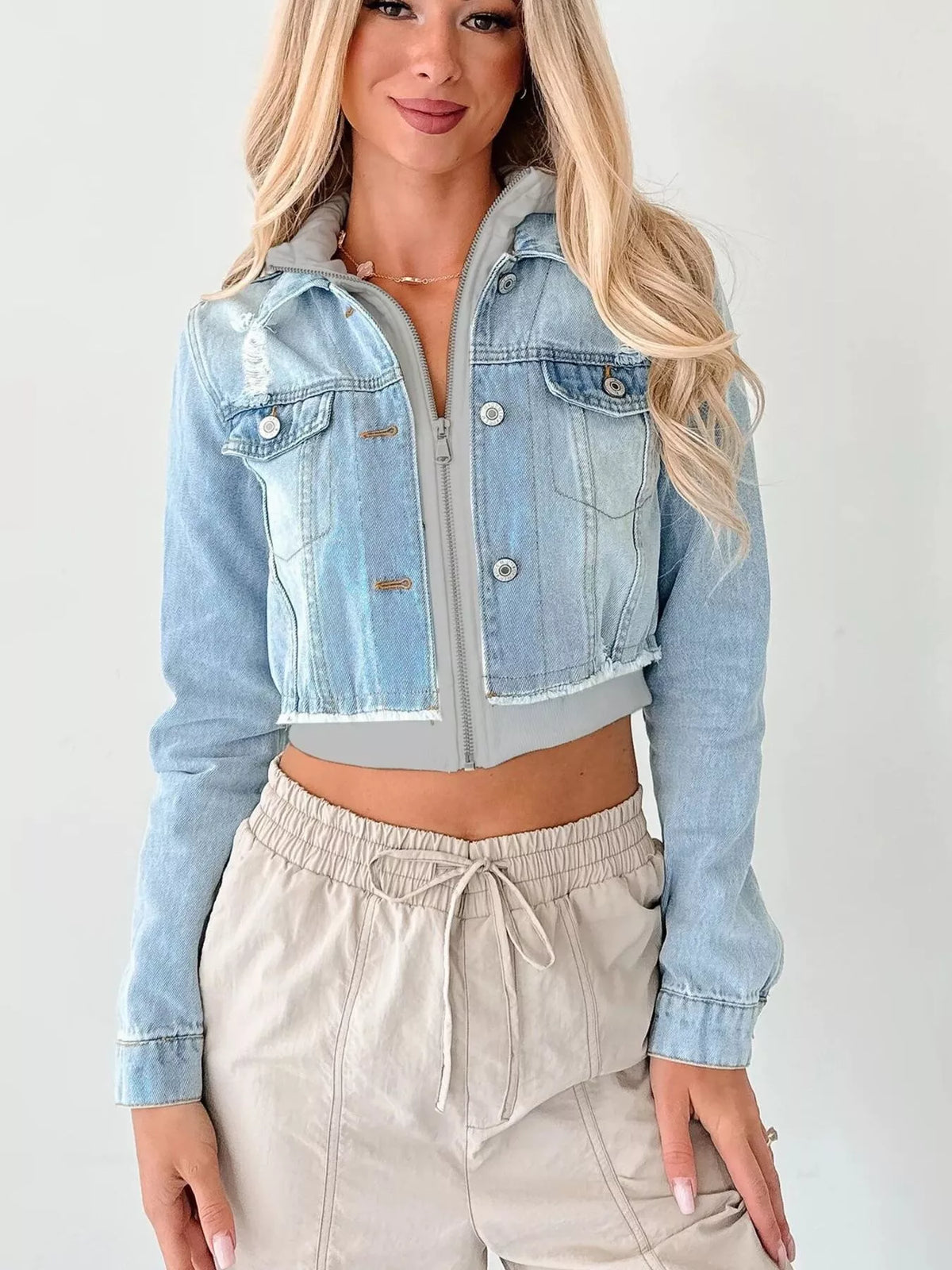 Distressed Cropped Hooded Denim Jacket in Light Blue view 10