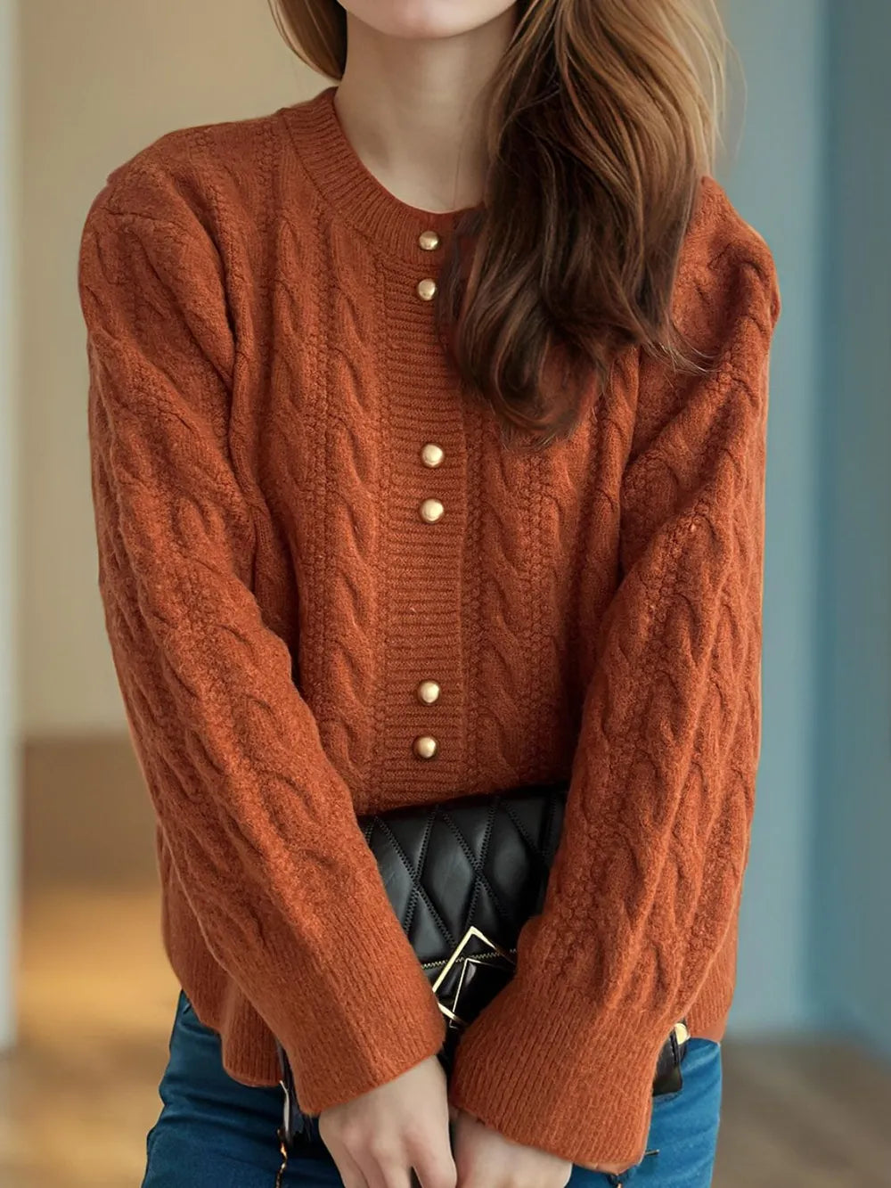 Cable-Knit Round Neck Long Sleeve Cardigan - Fashorio