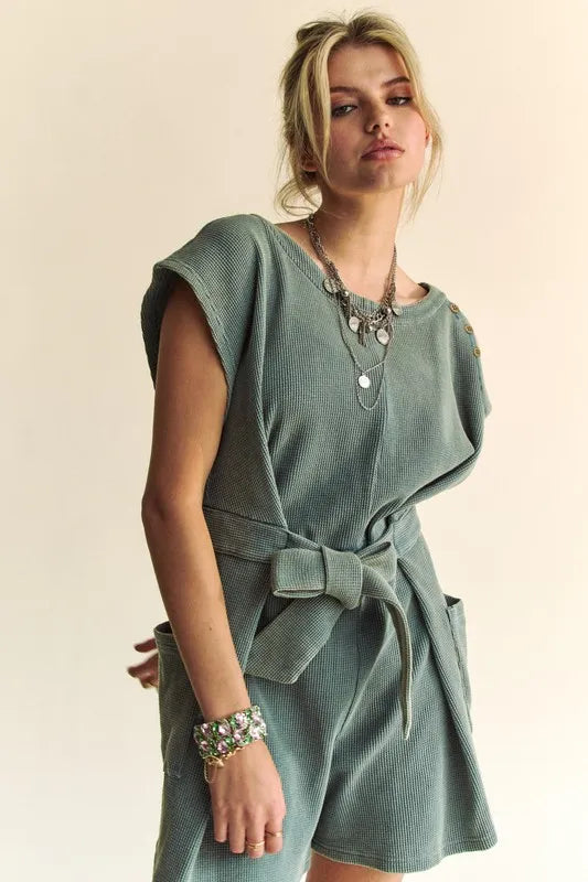 Acid Washed Waffle Knit Cuffed Sleeves Romper