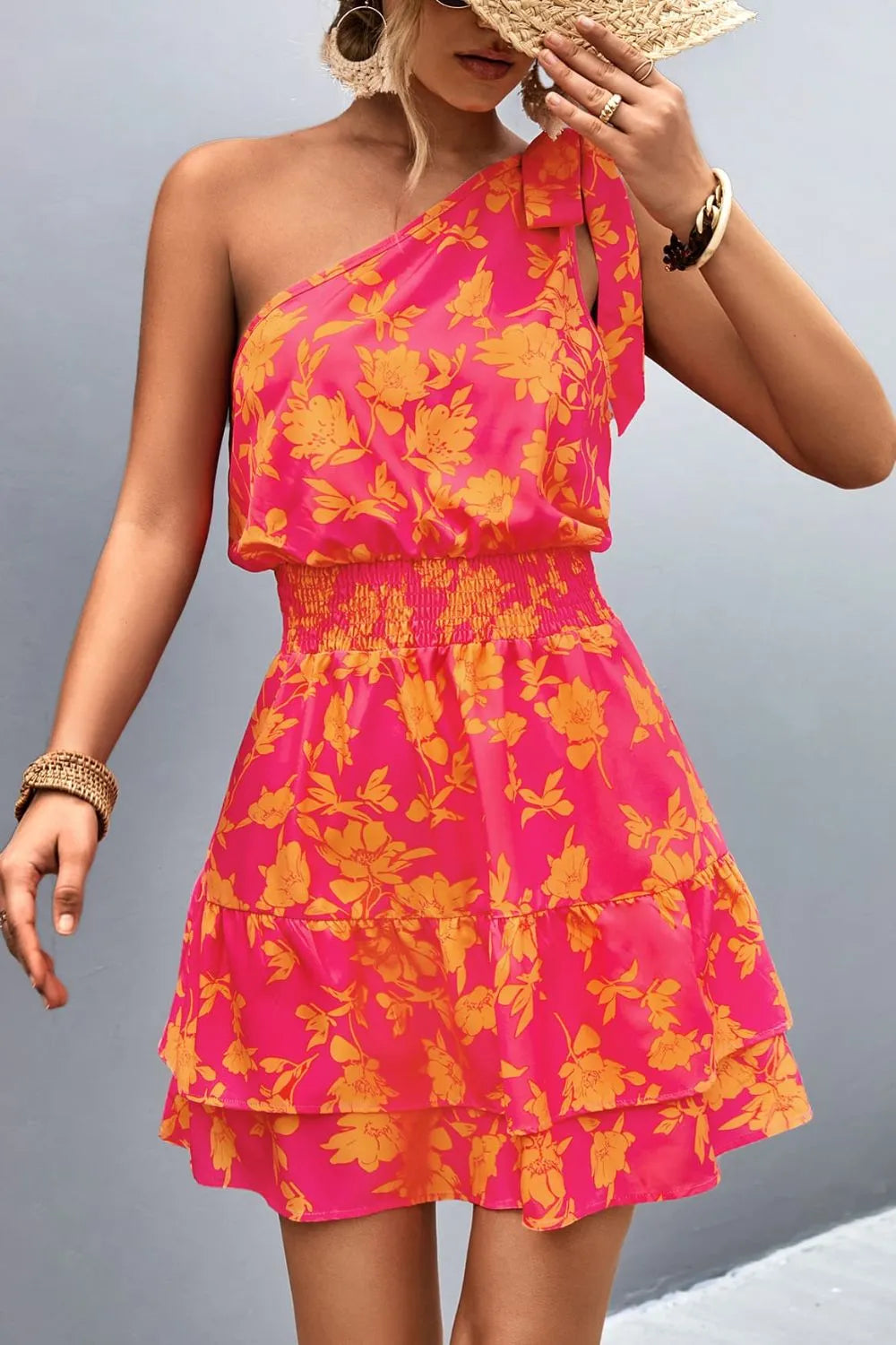 Smocked printed dress side view