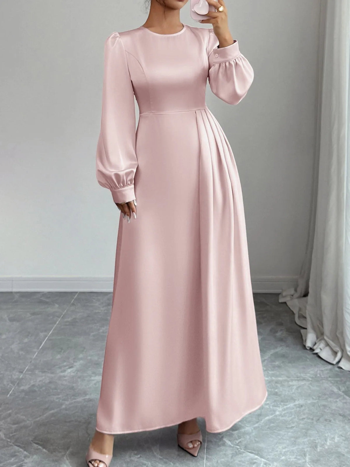 satin long sleeve maxi dress styled full length look