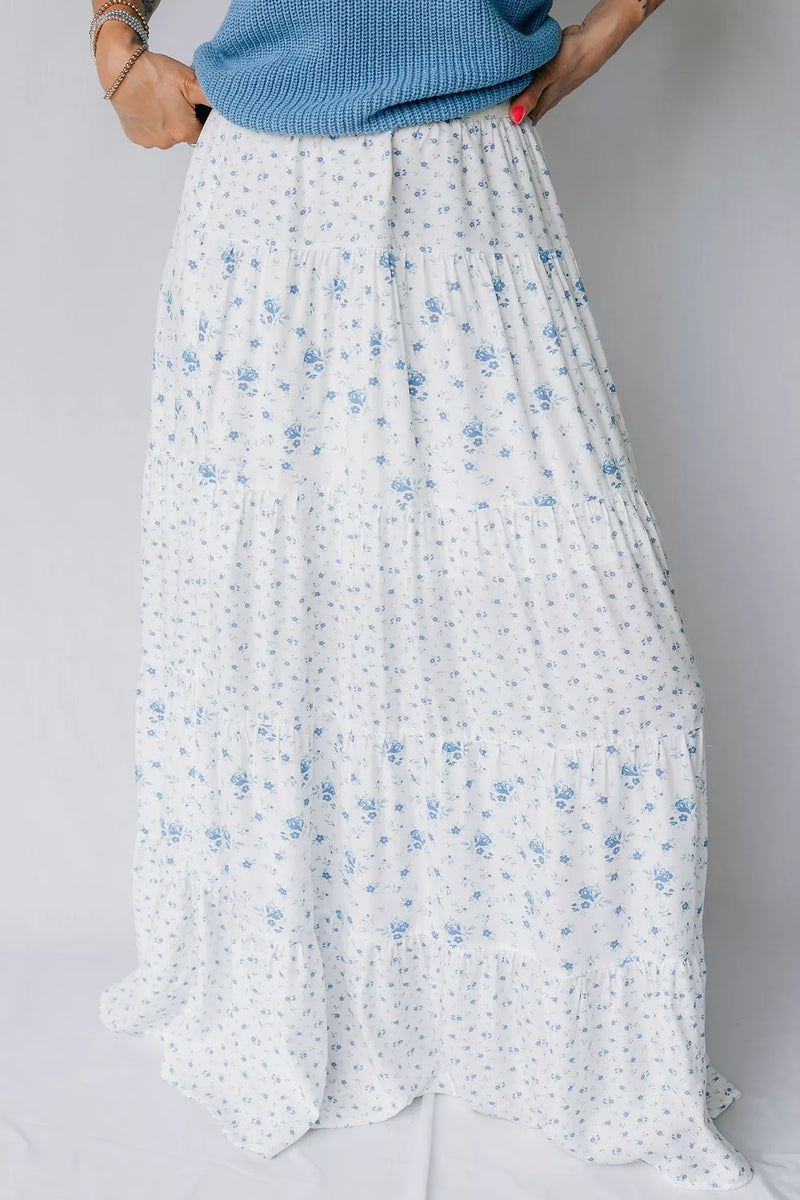 high waist floral boho maxi skirt in white front view