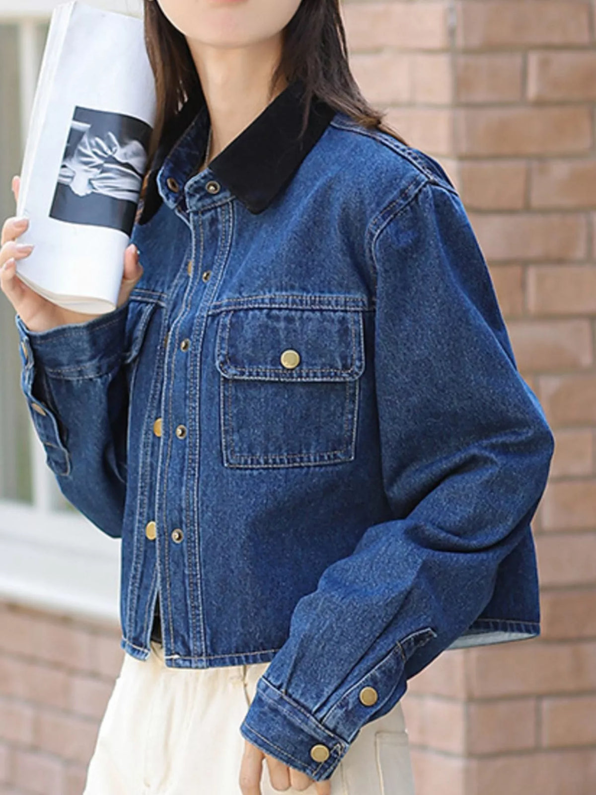 Snap Down Chest Pocket Denim Jacket in Blue side view