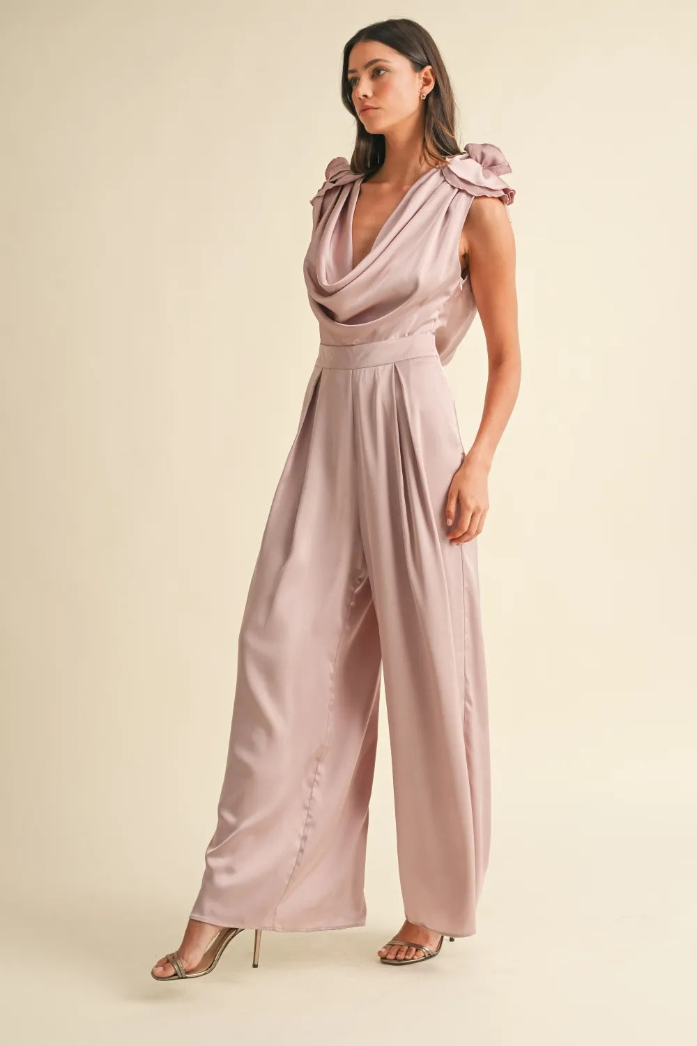 3d Floral Applique Deep Cowl Neck Jumpsuit side view