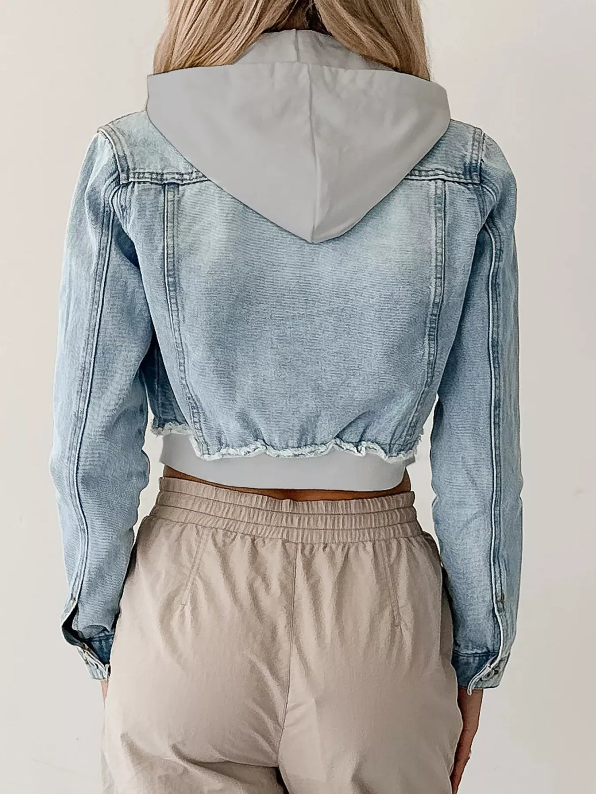Distressed Cropped Hooded Denim Jacket in Light Blue view 7