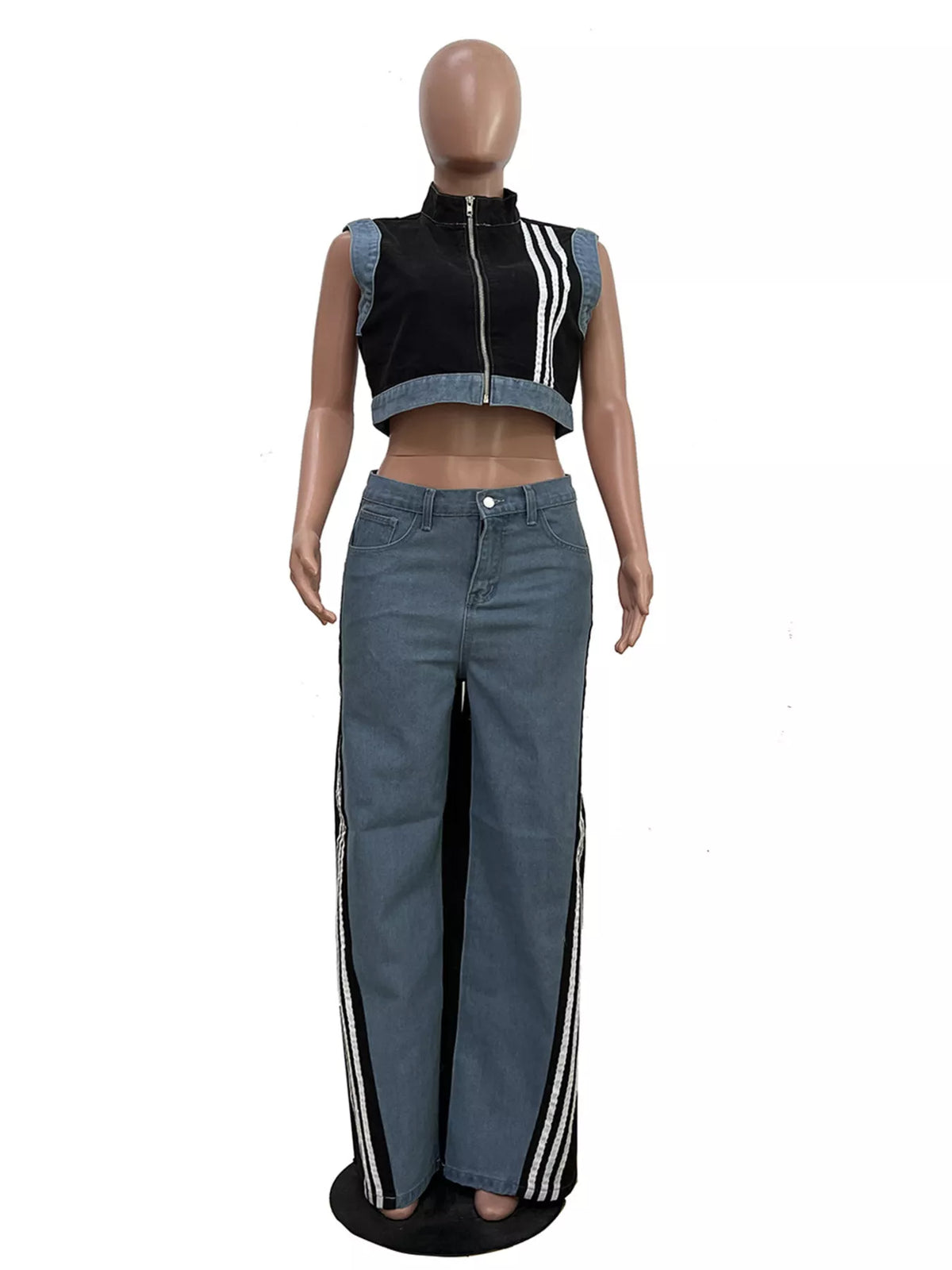 Zip Front Crop Top and Striped Pants Set, view 19