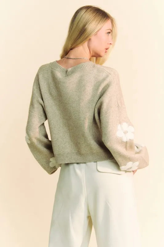 Floral Drop Shoulder Cropped Sweater in Tan back view