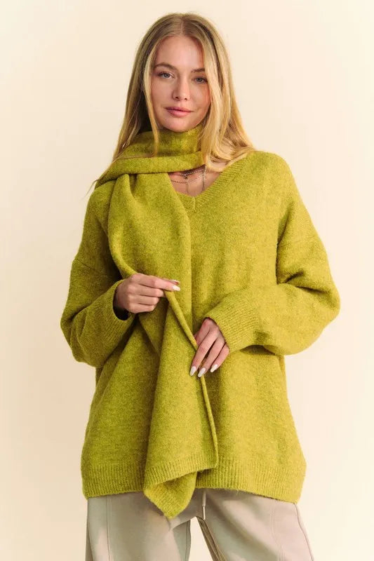 Davi & Dani V-Neck Dropped Shoulder Sweater with Scarf Chartreuse - Fashorio