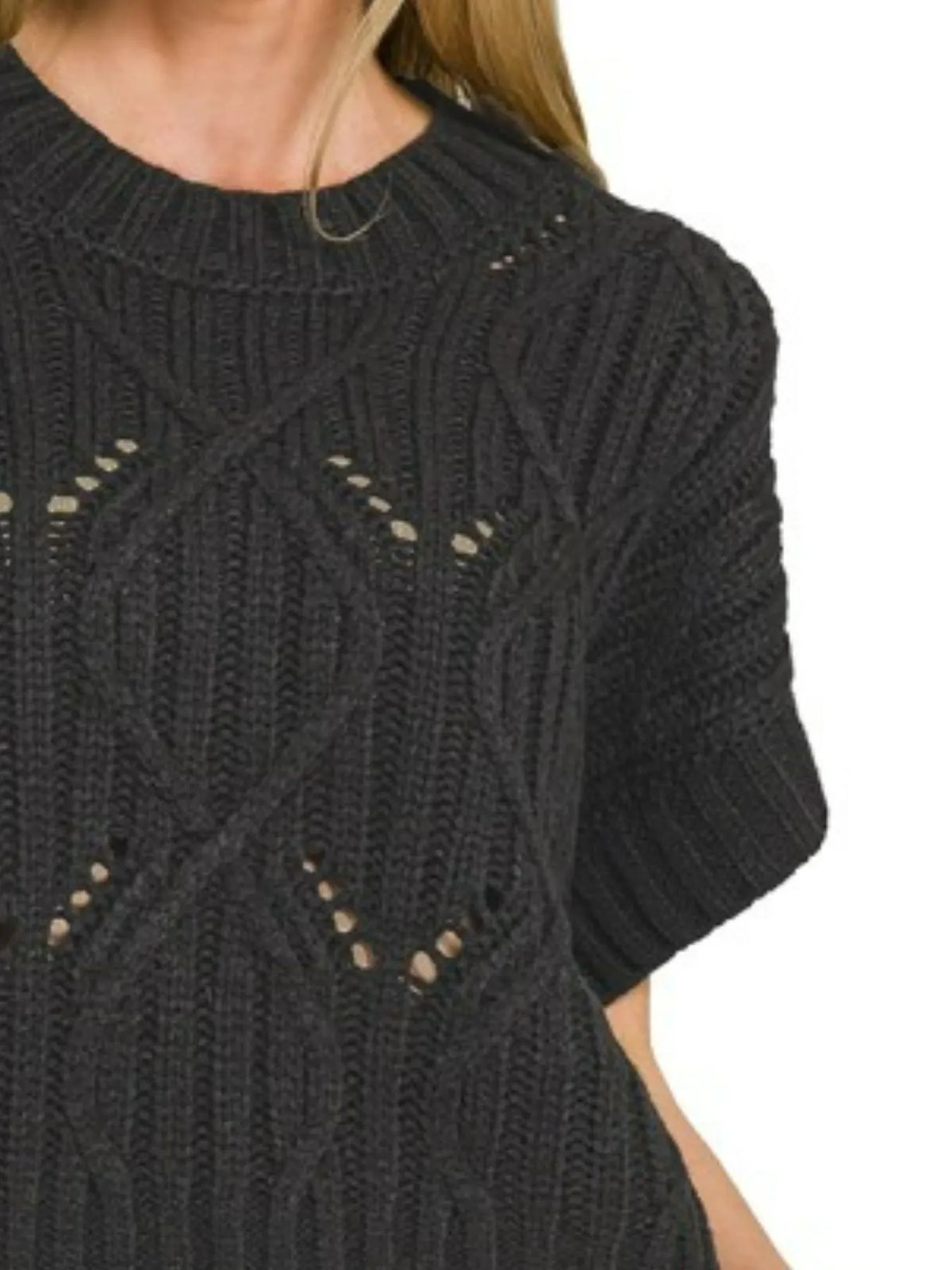 Cable Knit Short Sleeve Sweater in Black side view