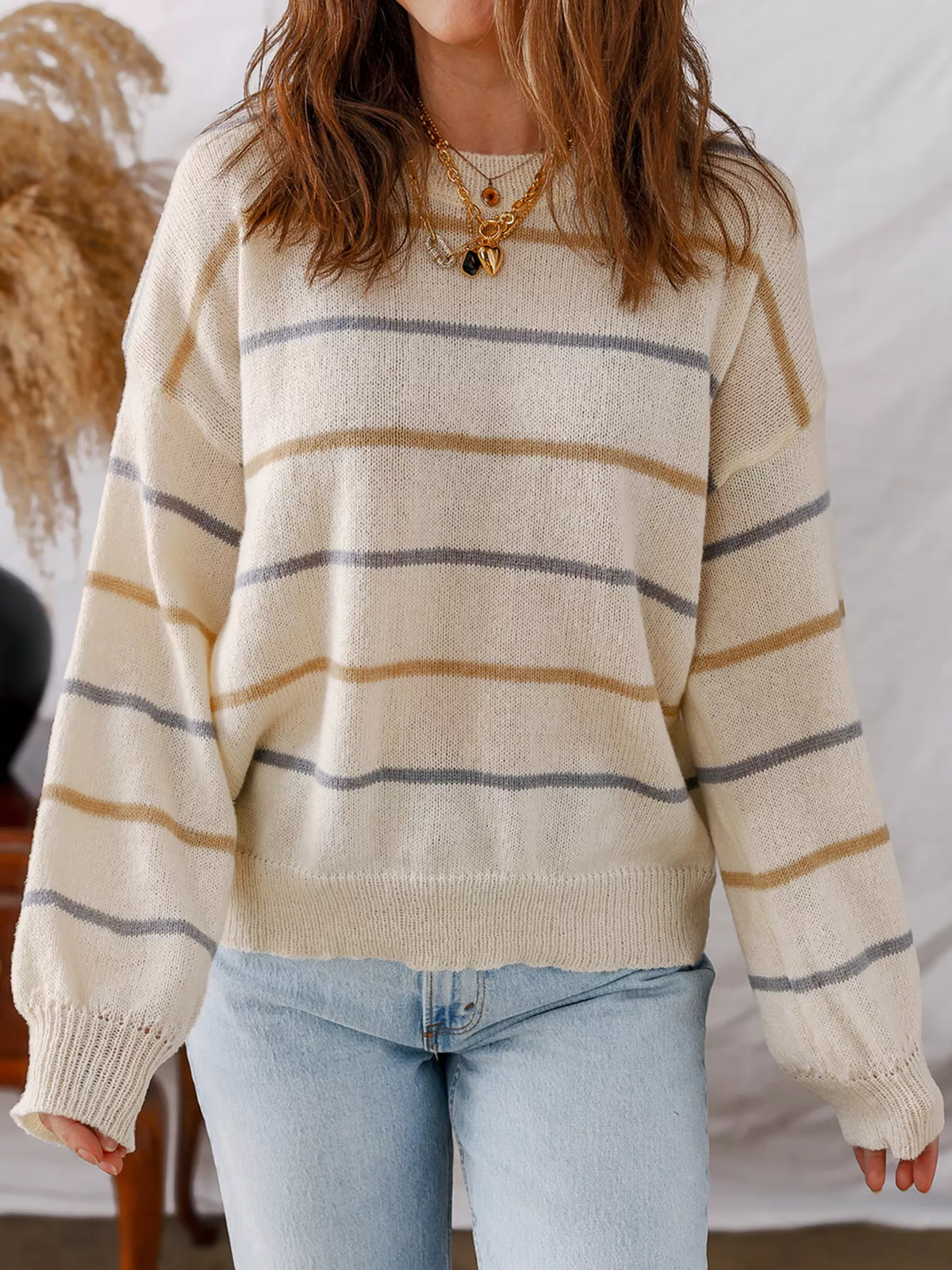 Striped ribbed drop shoulder sweater, front view