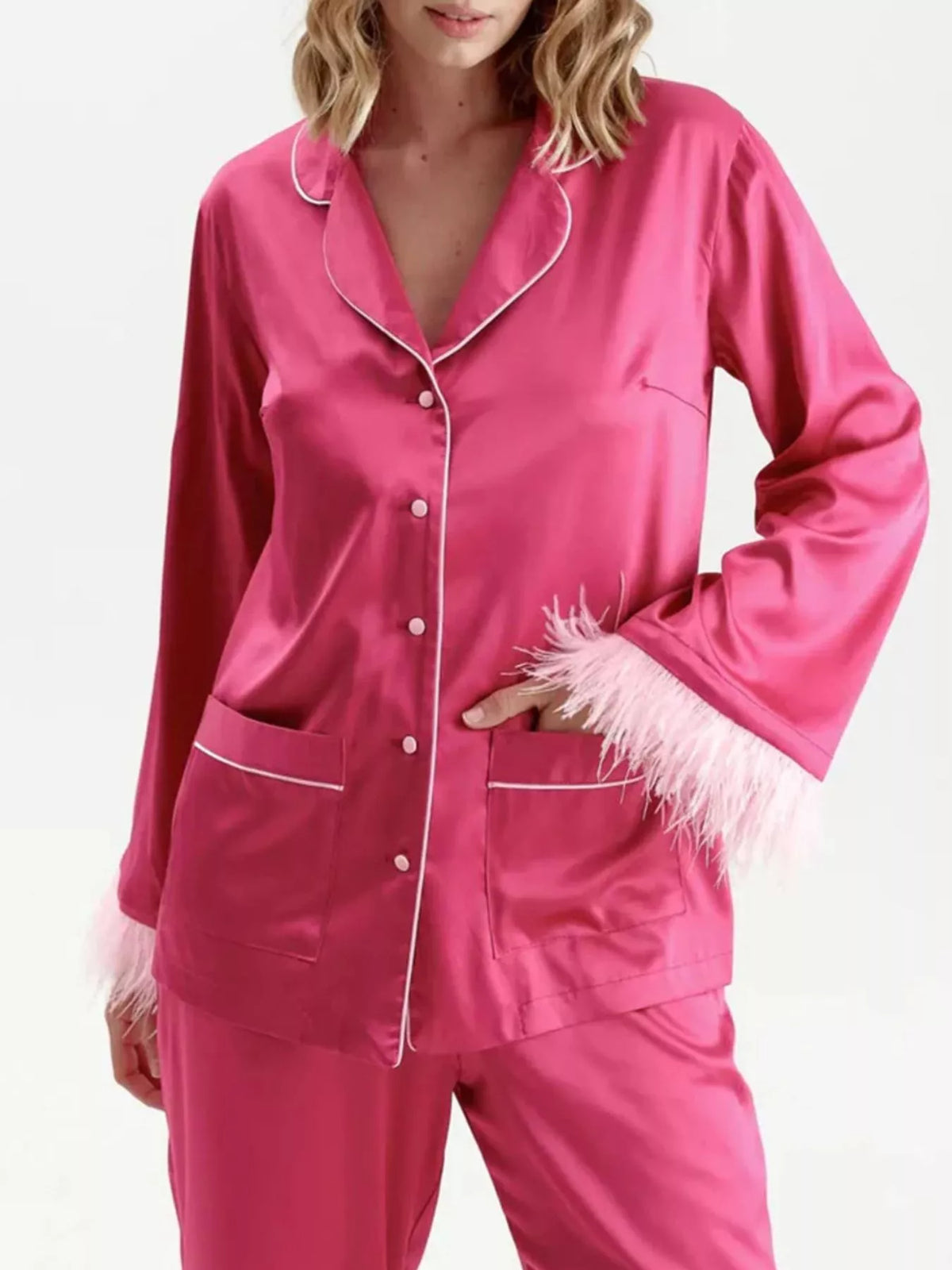 Silky matching top and pants close up