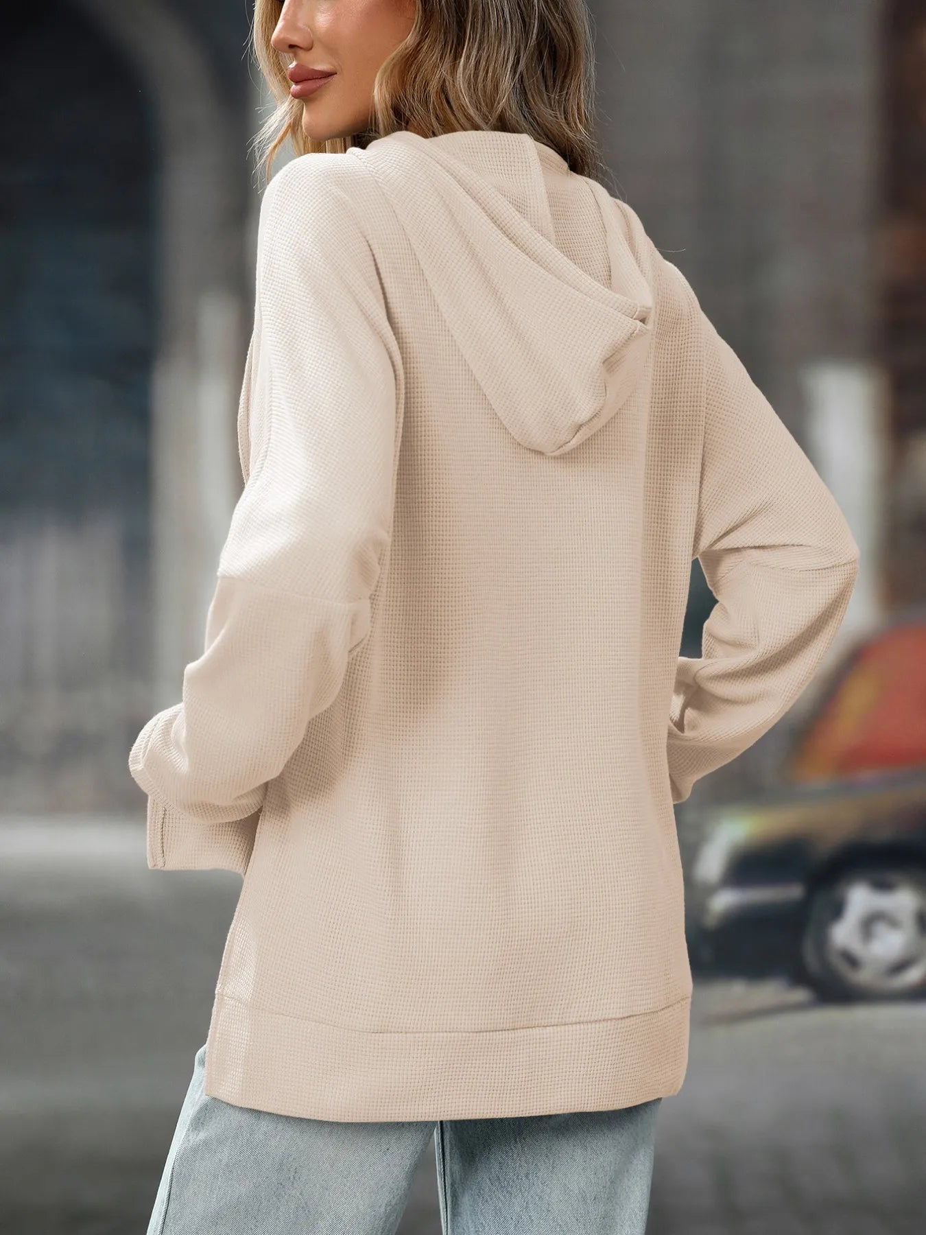 Textured Drawstring Long Sleeve Hoodie - Fashorio
