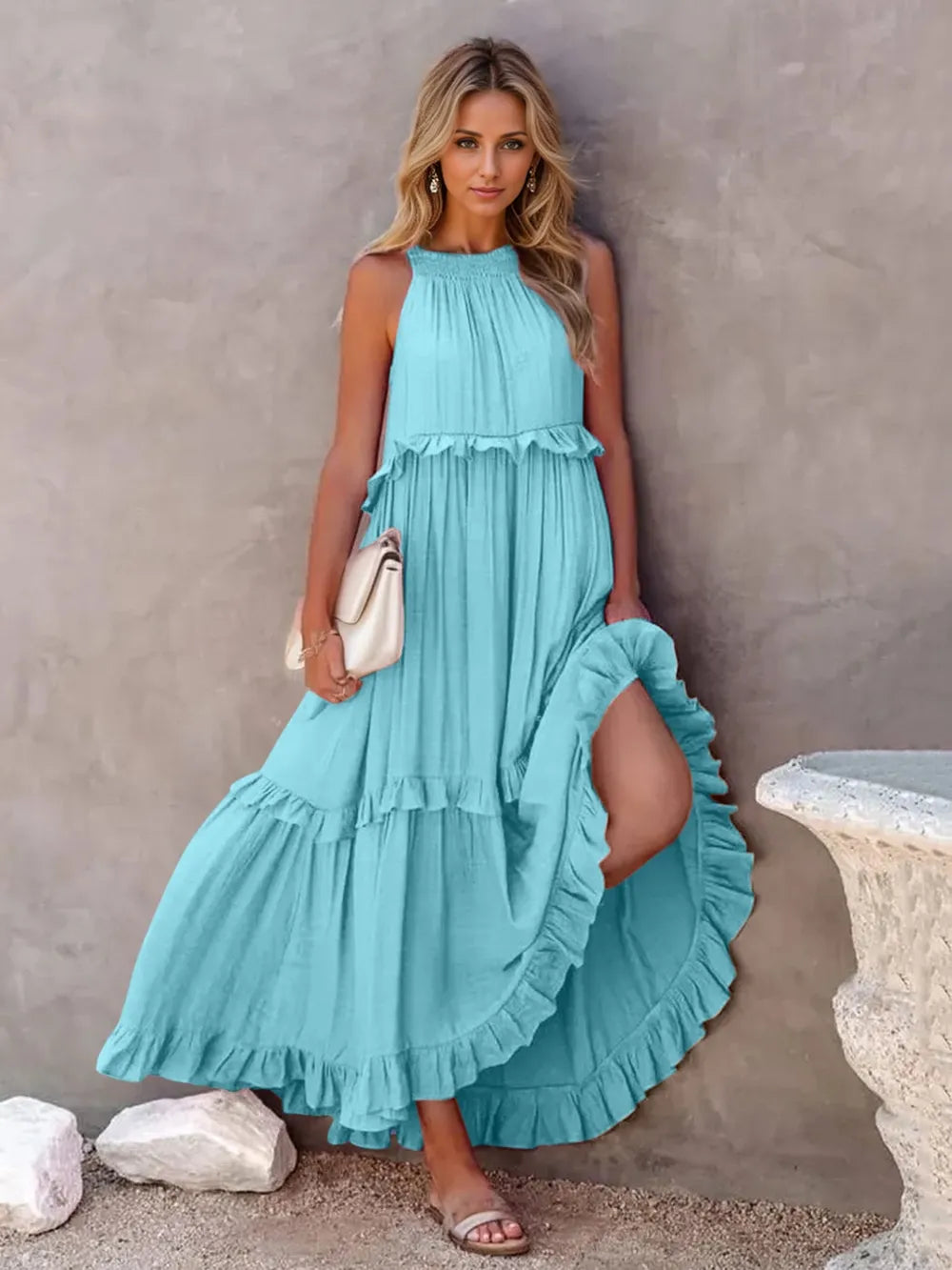 Ruffled Sleeveless Tiered Maxi Dress with Pockets Sky Blue - Fashorio