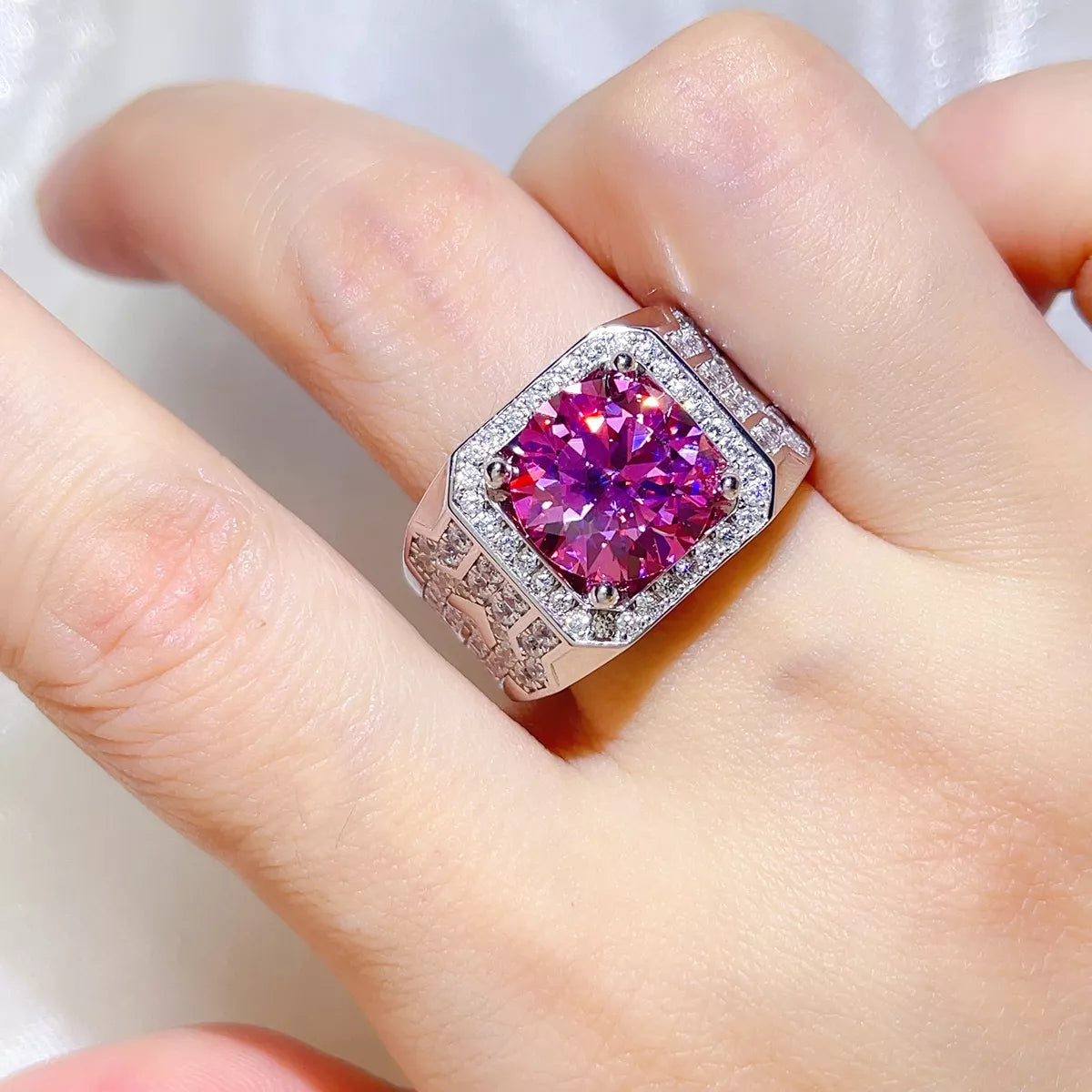Starglow 5 carat hot pink moissanite ring in sterling silver, front view