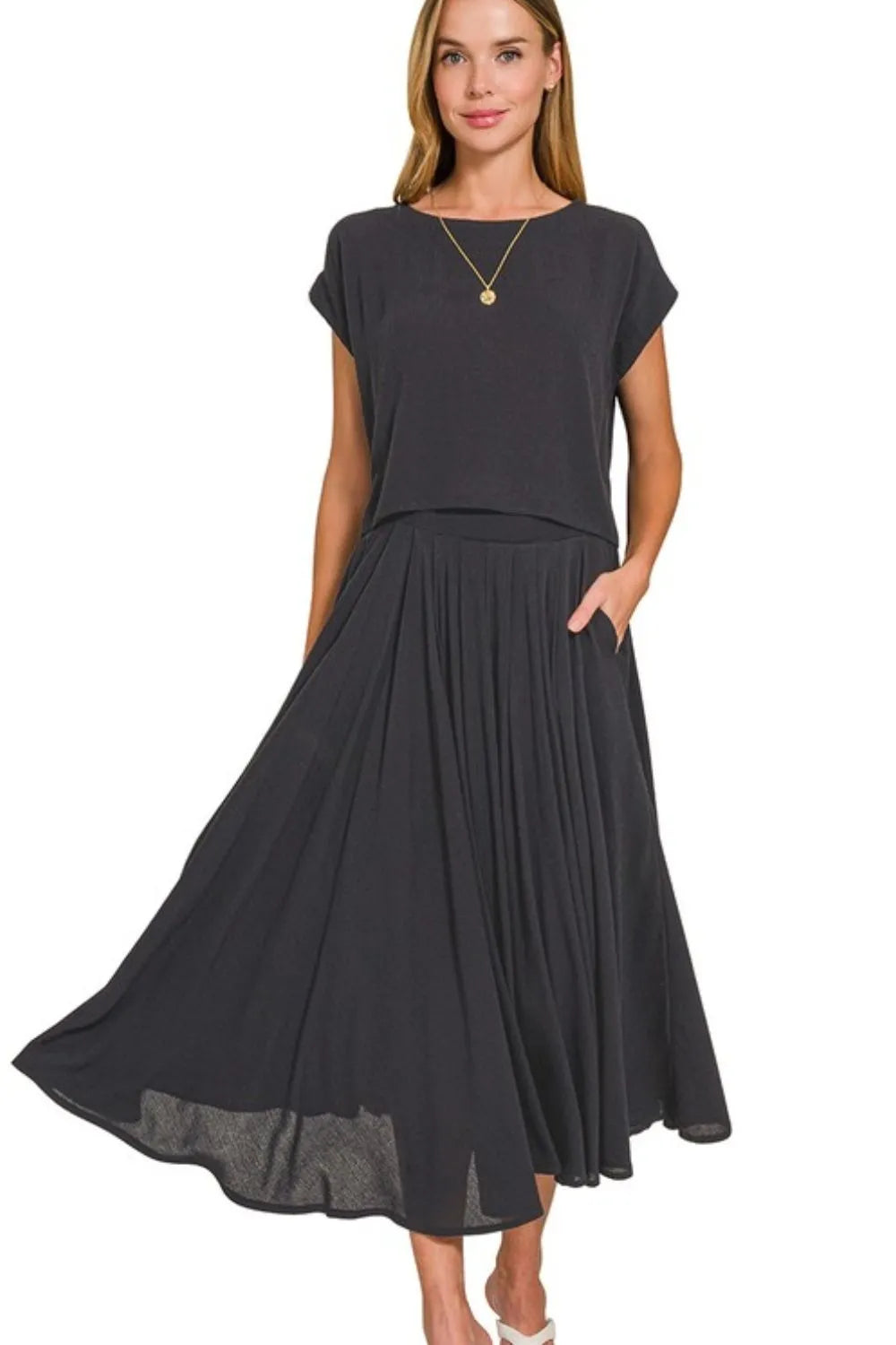 Zenana Woven Crinkle Gauze Crop Tee and Skirt Set - Fashorio