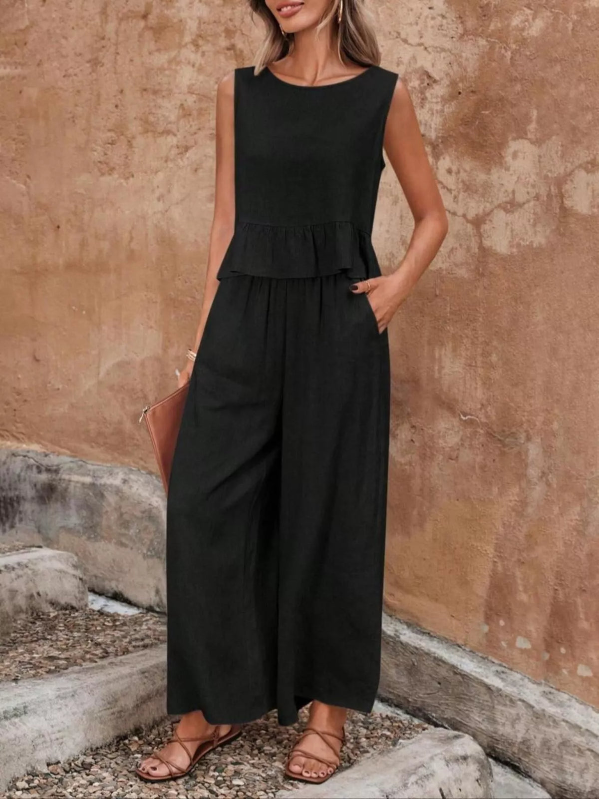 Sleeveless Ruffle Hem Top and Wide Leg Pants Set, view 12