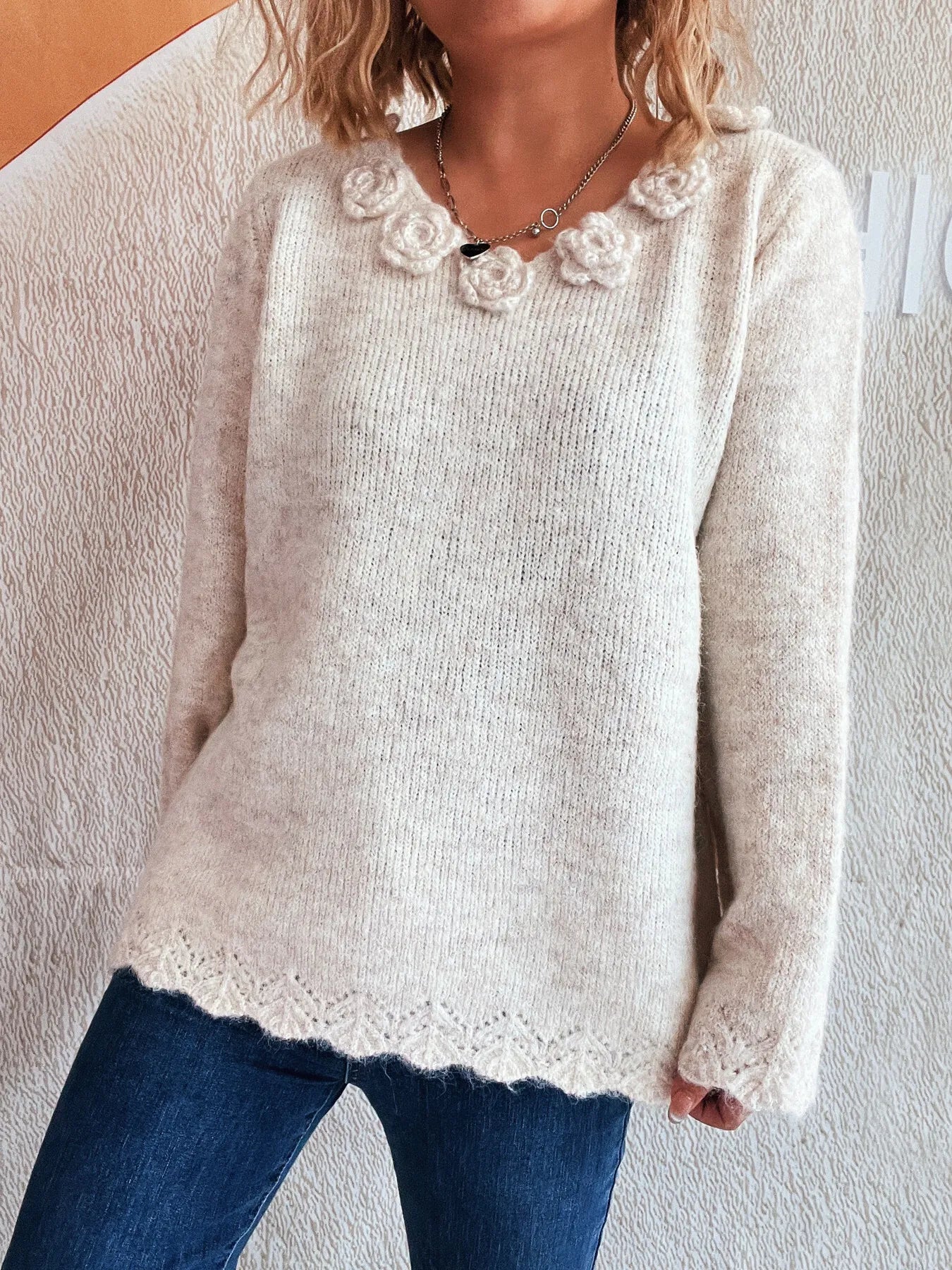 Flower V-Neck Long Sleeve Sweater - Fashorio