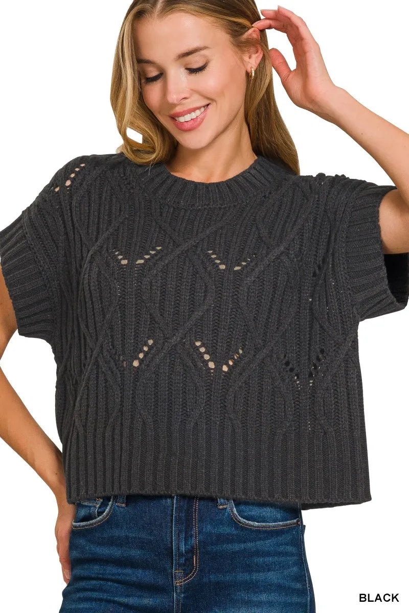 Cable Knit Short Sleeve Sweater in Black back view