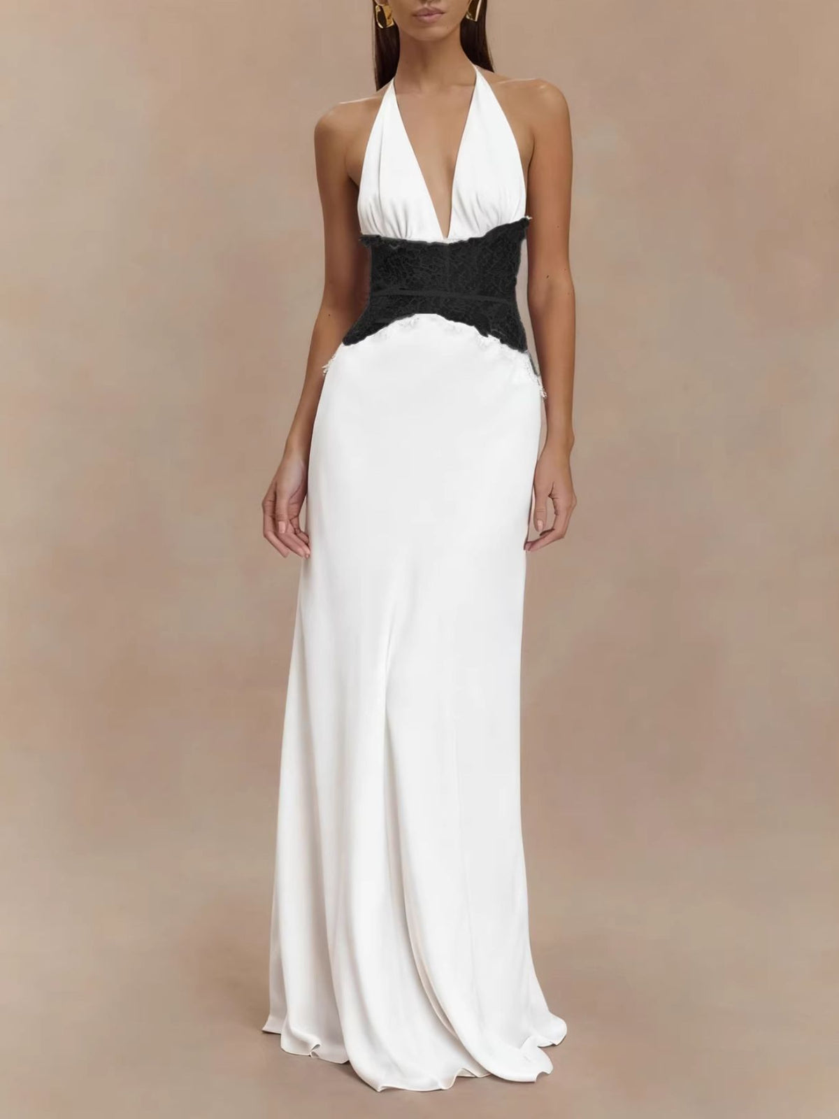 Halter neck lace trimmed maxi dress three quarter view