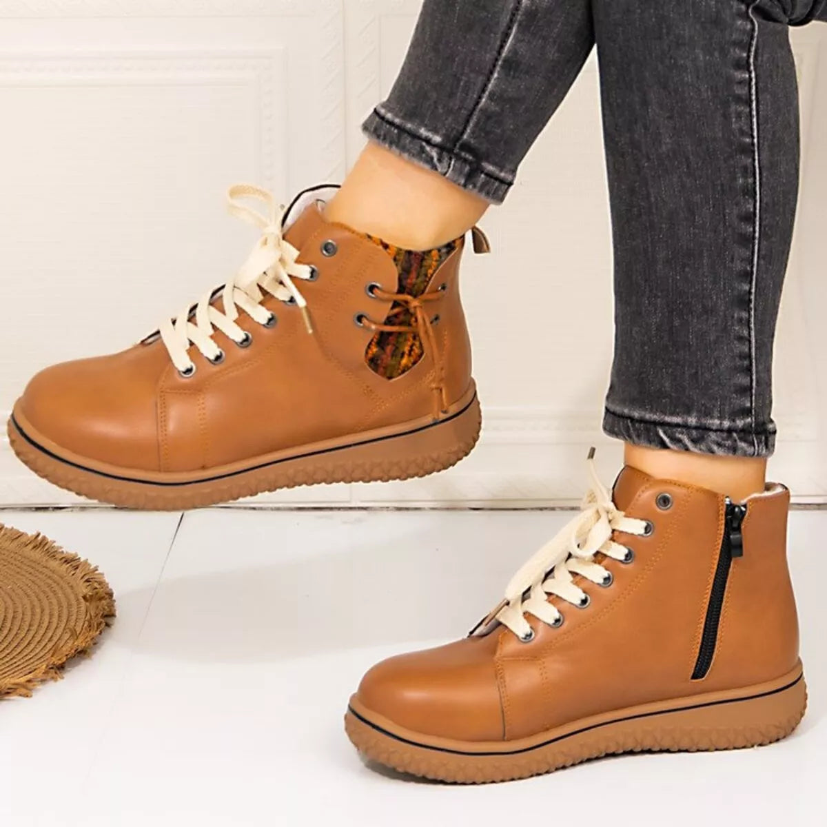 Round toe platform ankle boots toe close up