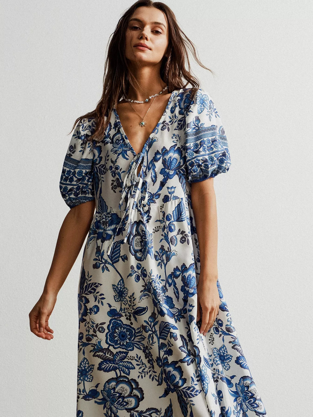 floral tie neck puff sleeve maxi dress in navy side view