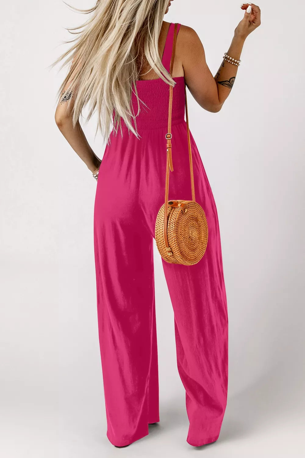 Deep rose wide leg jumpsuit on model
