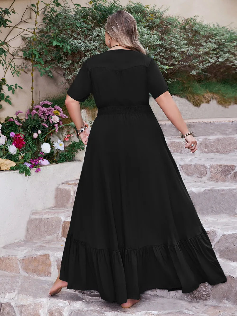 V-neck maxi dress ruffled hem detail