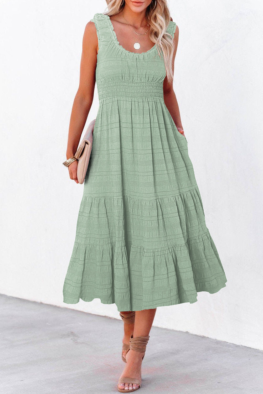 Rose shirred square neck midi dress on model