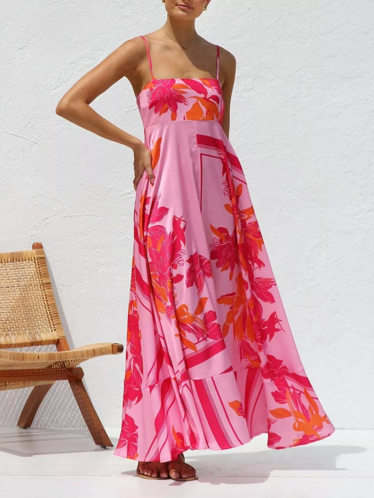 printed spaghetti strap maxi dress full length view