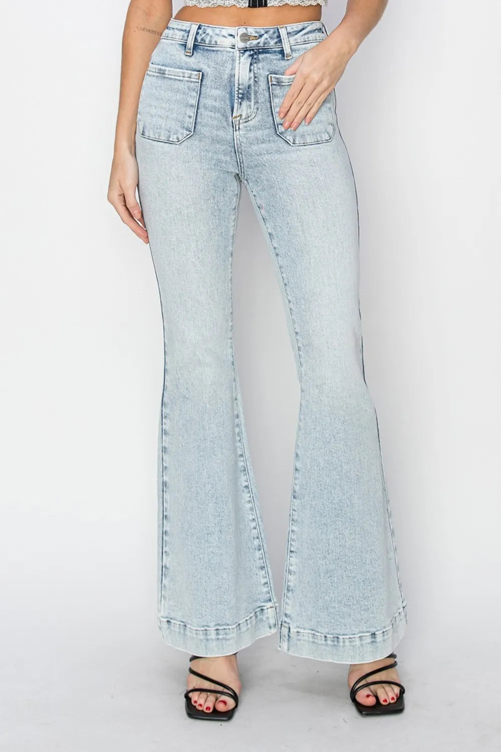 Risen Full Size High Rise Front Patch Pocket Flare Jeans - Fashorio
