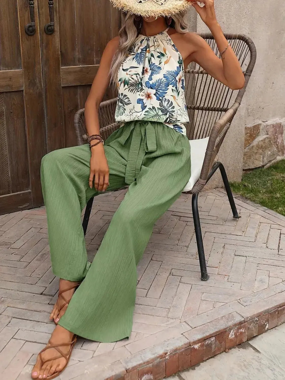 Printed Tank Top and Wide Leg Pants Set - Fashorio